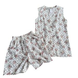 VTG Cotton Pajama Set Made In USA Shorts & Tank Tradwife Floral White Medium